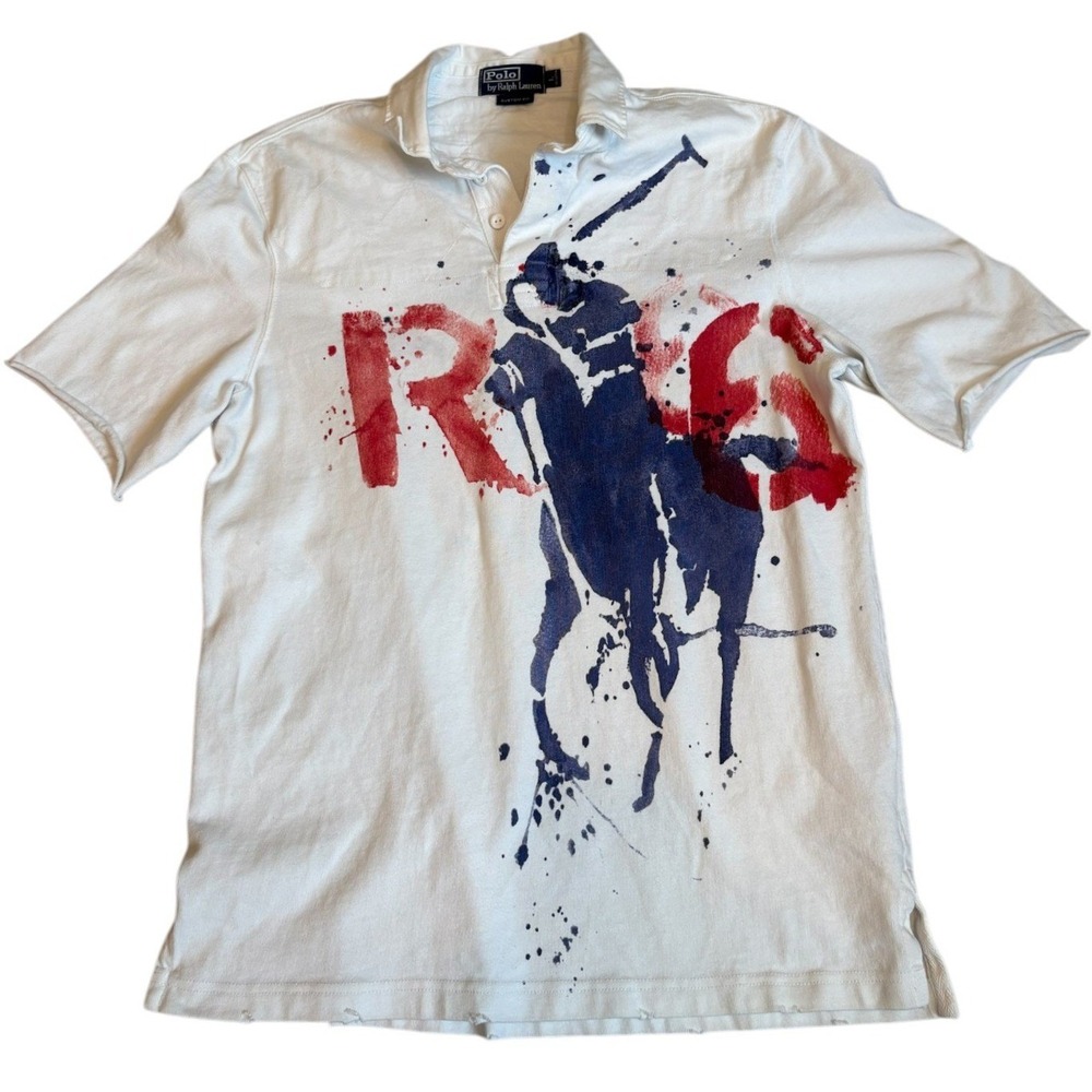 Polo Ralph Lauren Mens Big Pony Paint Splatter Graphic Polo Shirt White Large